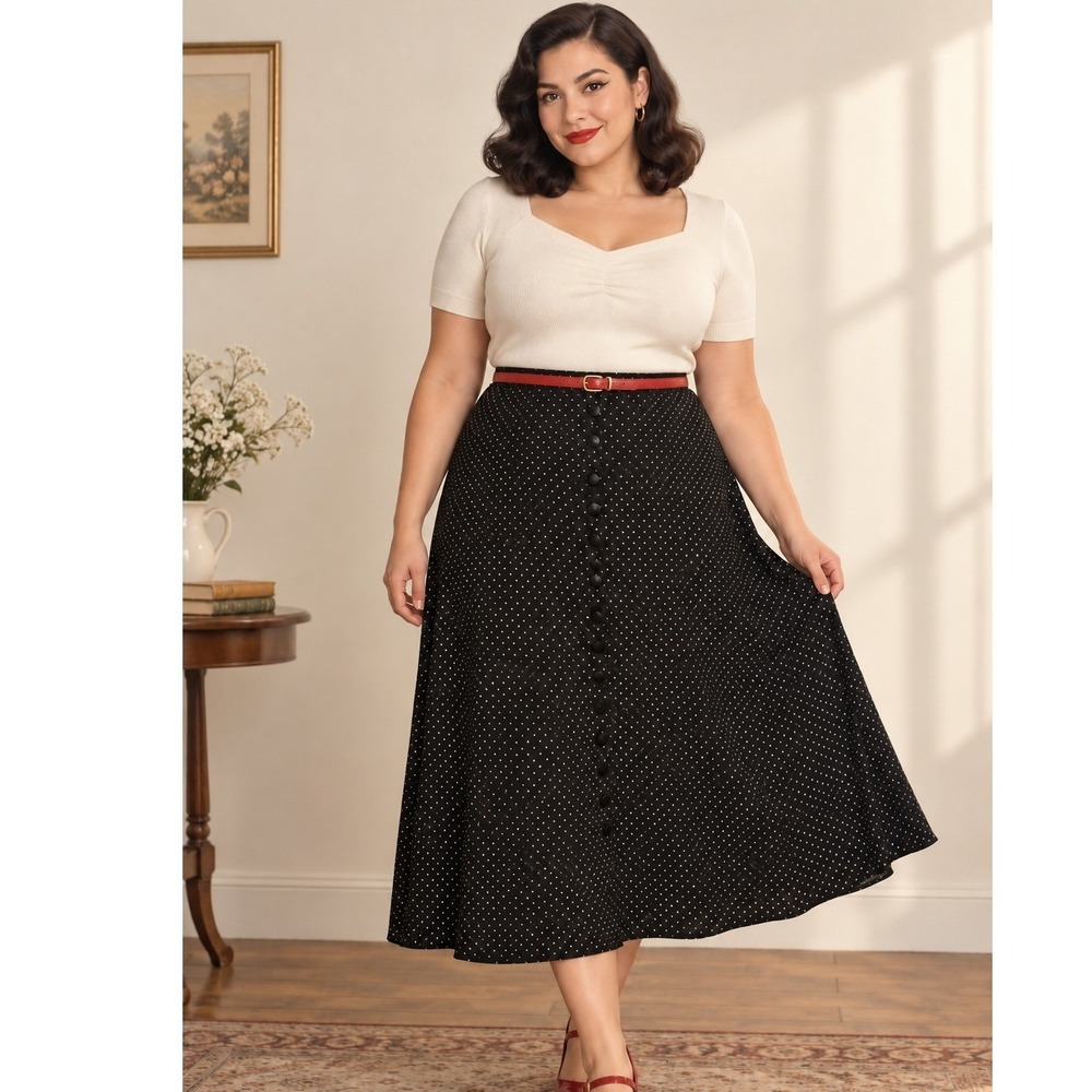 Vtg Fashion Bug Polka Dot Midi Skirt Plus 2X Faux Button Front Made USA Retro
